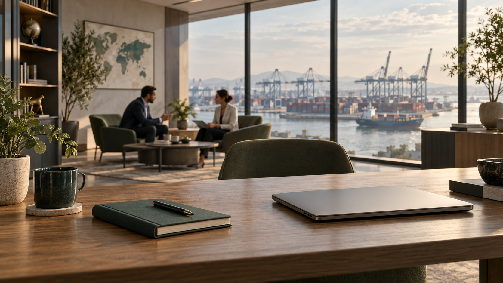 Conceptual trade research workspace overlooking an international port