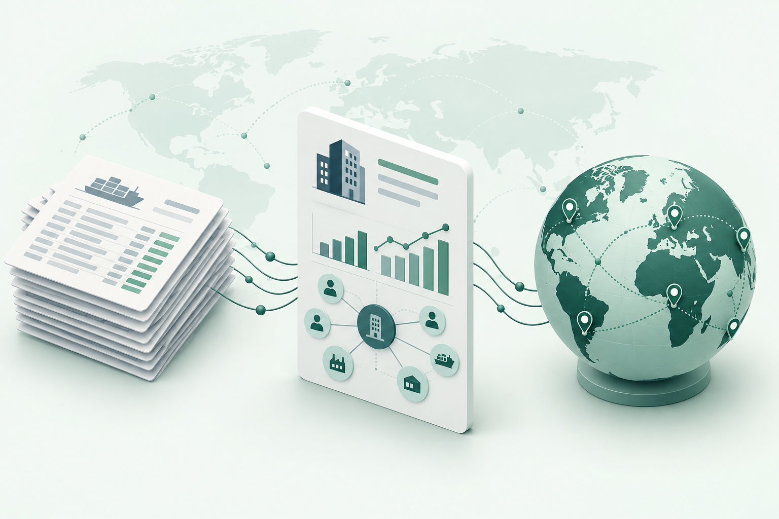 Concept illustration connecting shipment records, company analysis and global market research