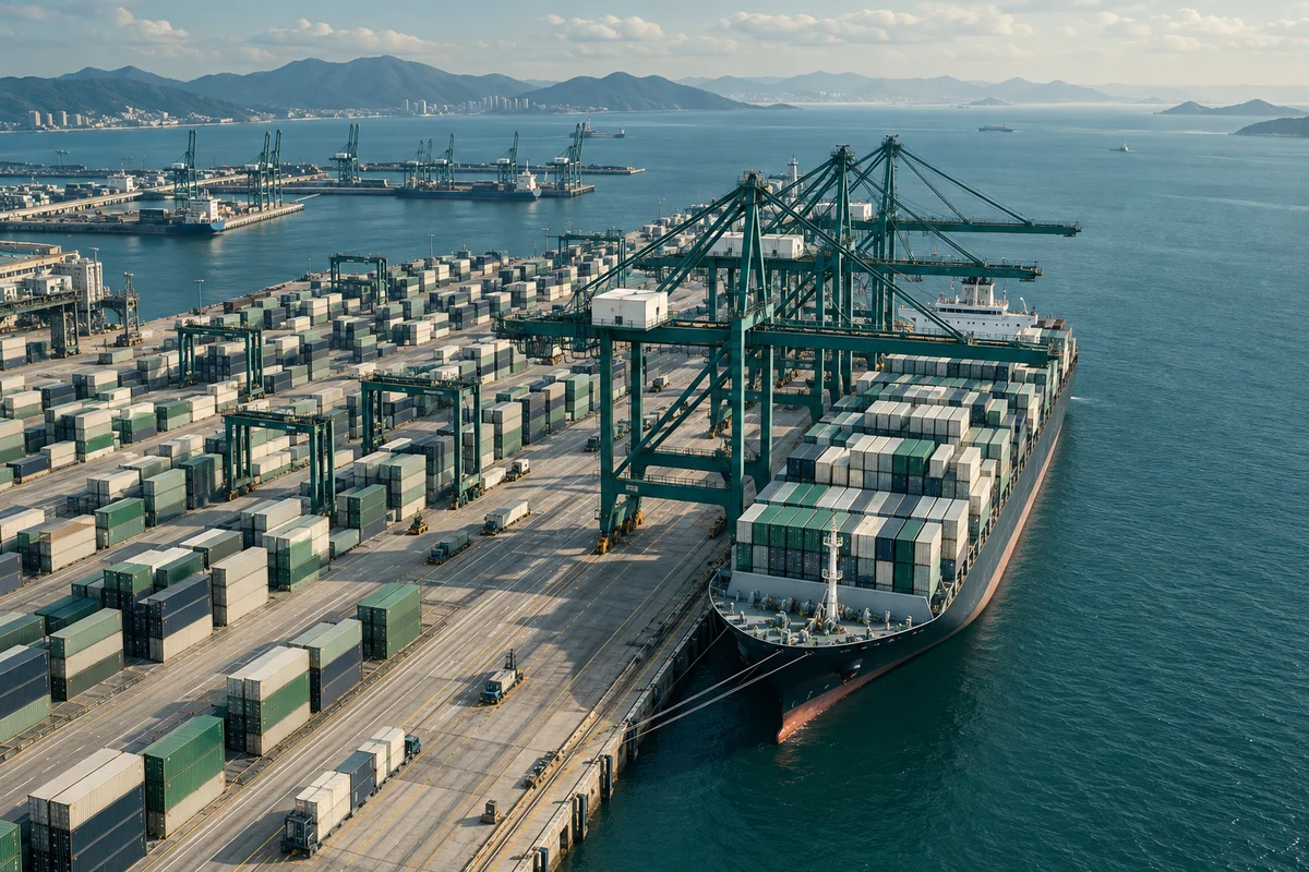 Conceptual aerial view of an international container port