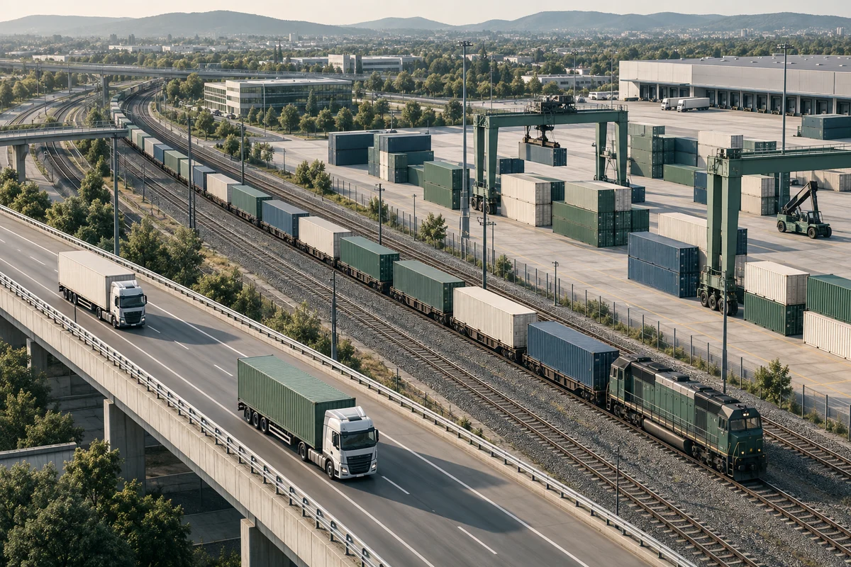 Conceptual intermodal freight network with rail and road connections