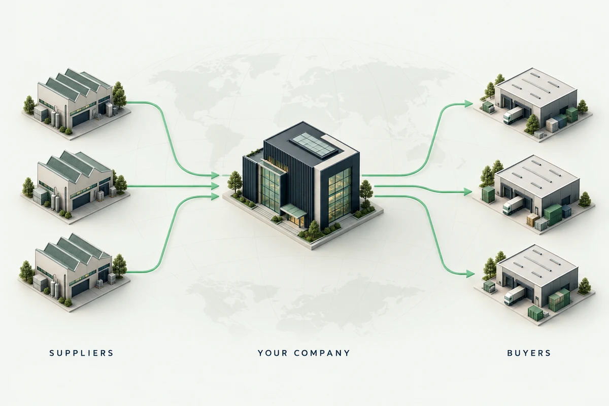 Concept illustration connecting upstream suppliers through a central company to downstream buyers